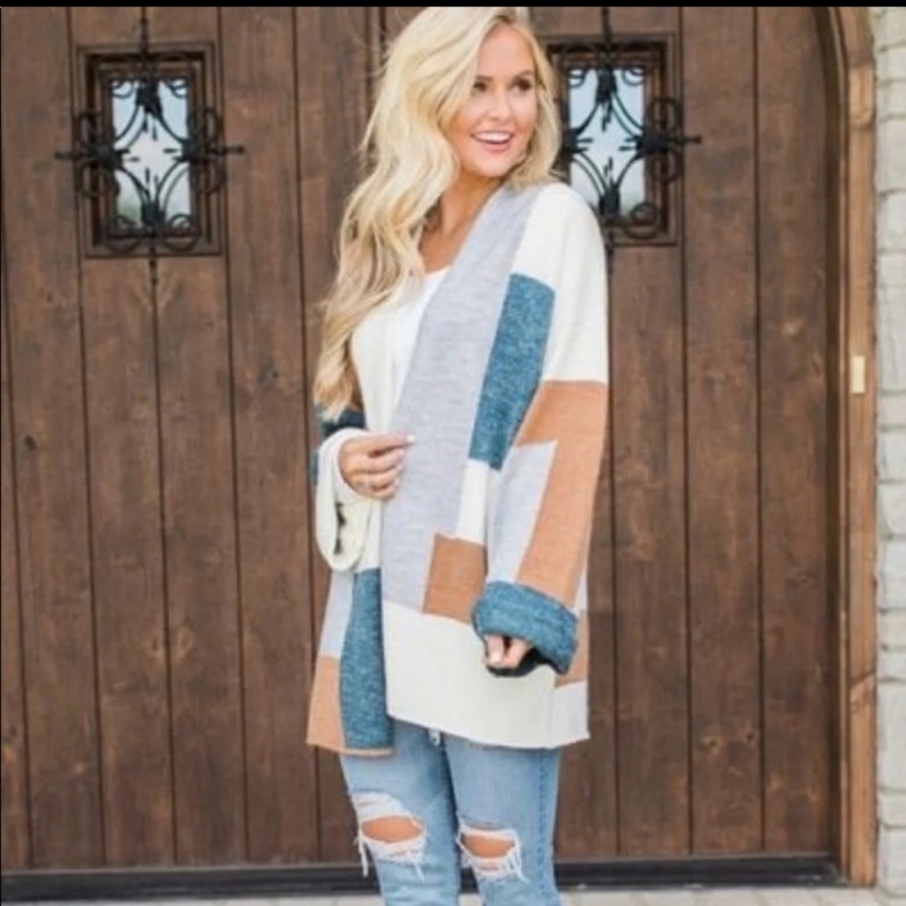 Mainstrip rust grey green oversized colorblock acrylic sweater cardigan